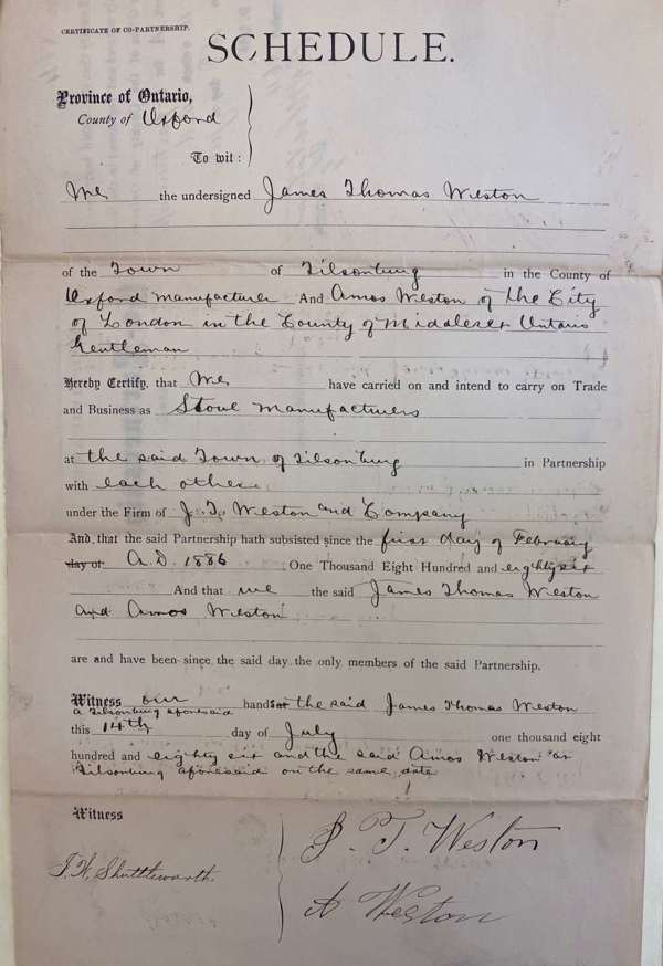 Declaration of partnership form filled out by James Weston and Amos Weston.